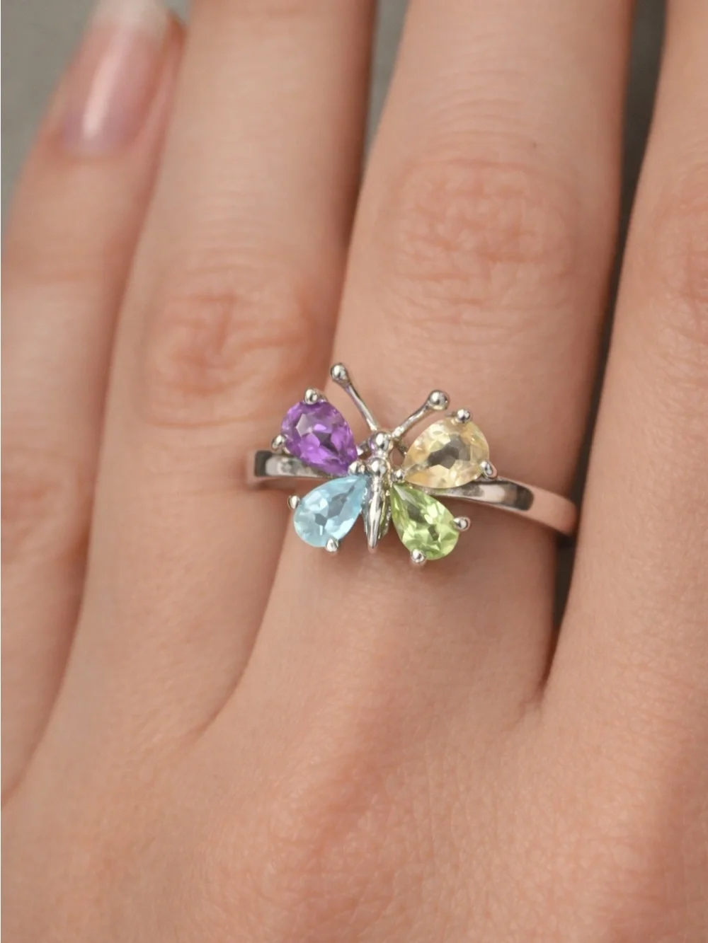 Sterling Butterfly Ring with Semi‑Precious Gemstones — Size 6.5
